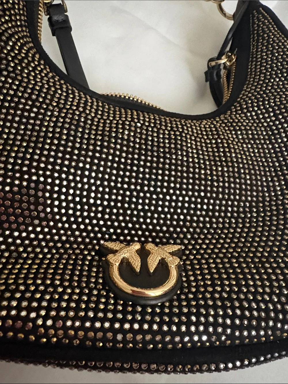 PINKO NEW Brioche bag in black with gold tone rhinestones and gold love birds.